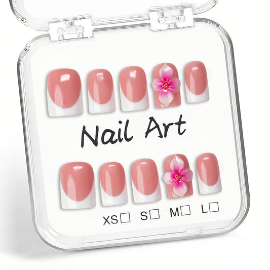 Handmade 3D Nail Art Press on Nails White French Tip Short Duck Fake Nails Flower Thick Acrylic Nails with Designs Elegant Glossy Fake Nail Sturdy Art Manicuare for Women 10Pcs (S)