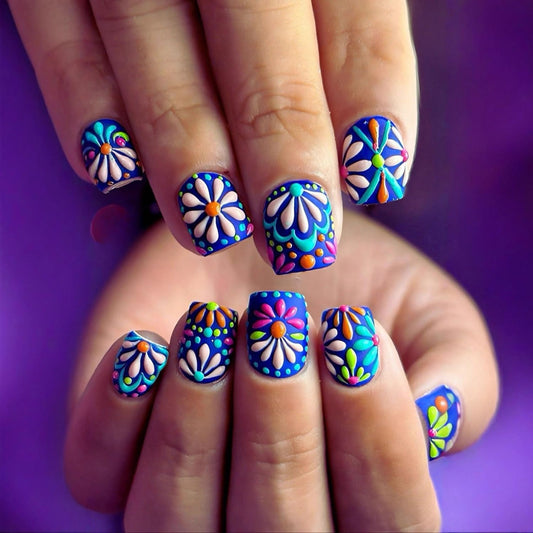 3D Flower Press on Nails Short Square Fake Nails with White Daisy Designs Blue False Nail Spring Summer Floral Stick on Nail for Women 24Pcs