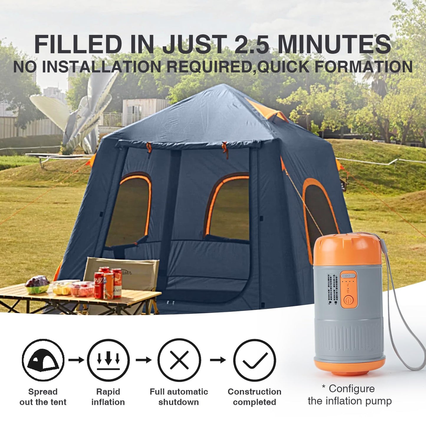 2-3 Person Inflatable Camping Tent, Waterproof Blow Up Tent with Electric Air Pump for Easy Inflation Setup, Portable Outdoor Glamping Tent for Adults Camping & Hiking，Grey