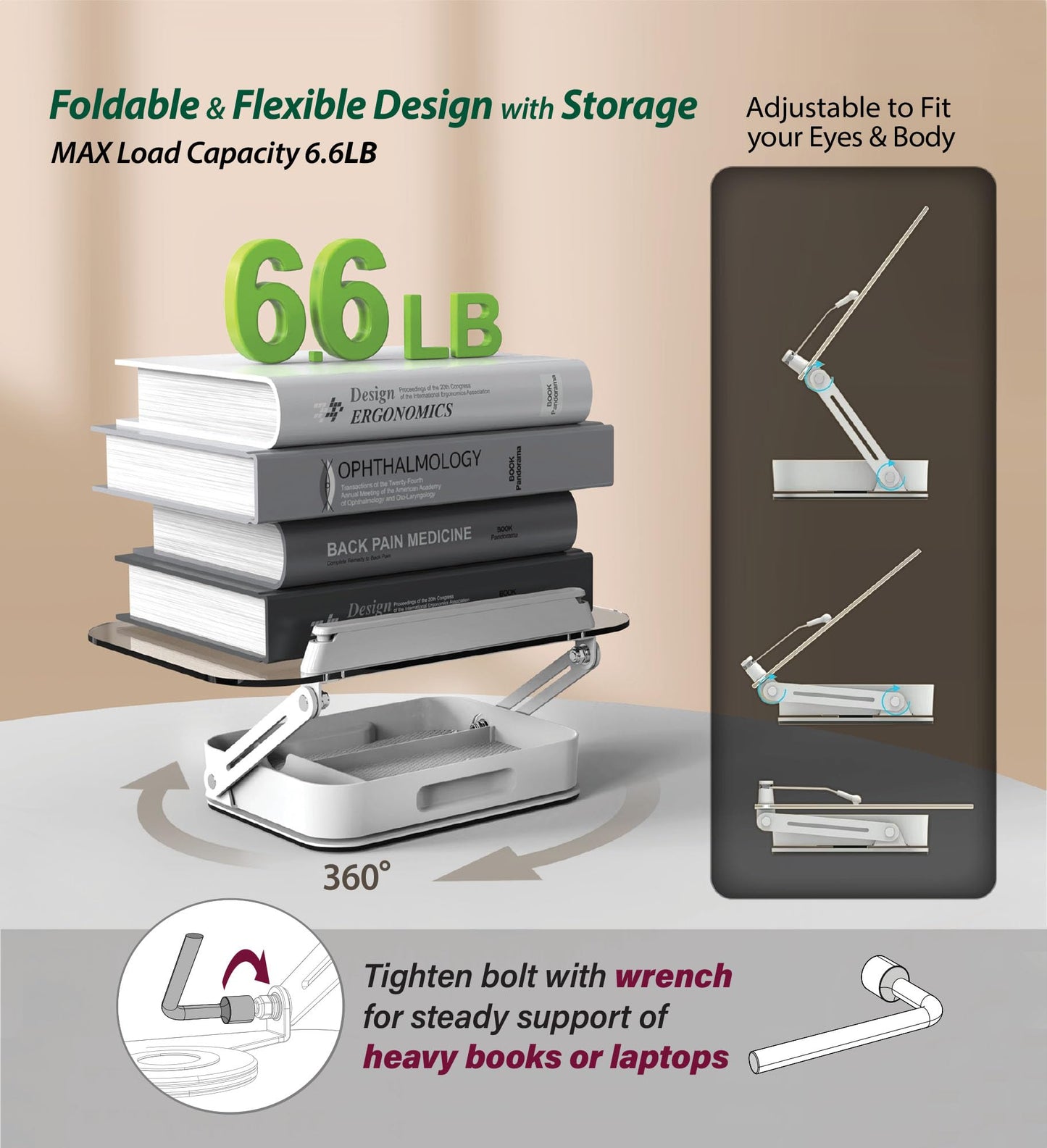 Acrylic Book Stand with Storage, 360° Rotating, Foldable Adjustable Holder with Large Storage Capacity for Reading & Tablets (Clear)