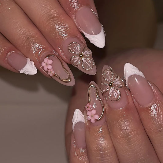 French Flower Press On Nails Almond Medium Fake Nails Press Ons With Gold Hollow Out Design False Nails Glossy Spring Glue On Nails Full Cover Stick On Nails For Women Nail Decorations