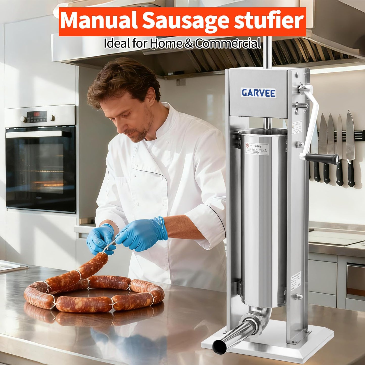 GarveeTech 15LBS/7L Sausage Stuffer, 304 Stainless Steel Manual Sausage Maker with 2-Speed Gear, Sausage Stuffer Machine with 5 Filling Tubes & Cleaning Kit for Household or Commercial Use