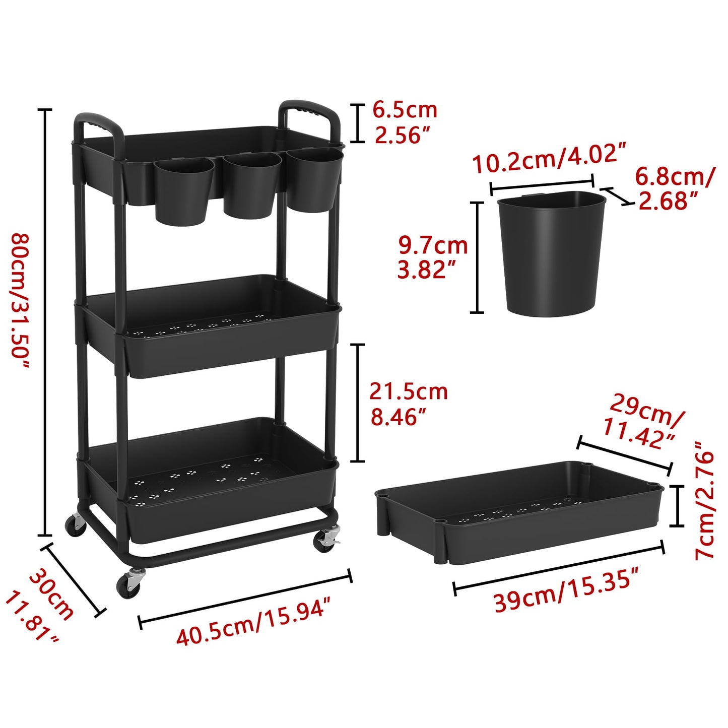 JIUYOTREE 3-Tier Plastic Rolling Storage Cart Utility Cart with Extra Hanging Cups Handles Lockable Wheels for Living Room Bathroom Kitchen Office Black