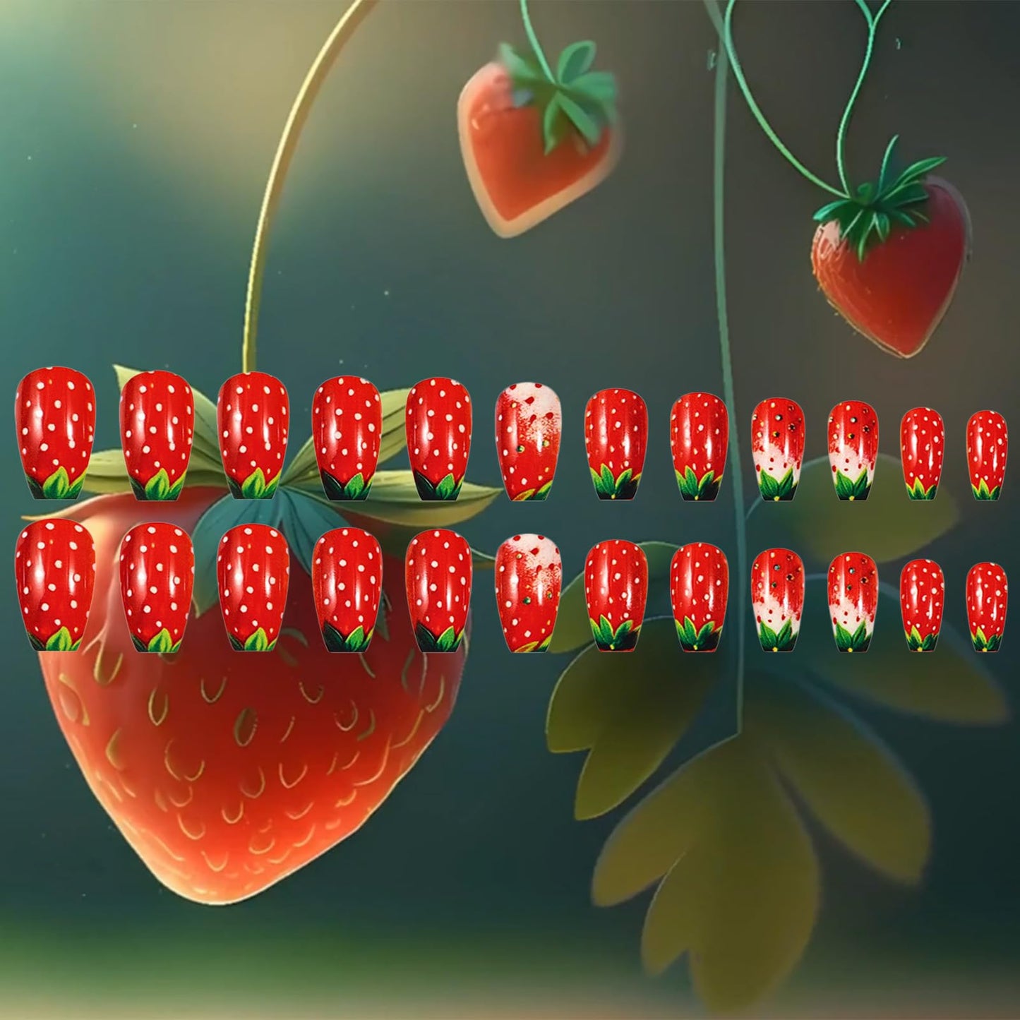 24Pcs Strawberry Press on Nails Glossy Red Medium Coffin False Nail Fruit Acrylic Full Cover Fake Nails Green Leaves Gel Glue on Fingernails French Tips Stick on Nail for Holiday Manicure Art