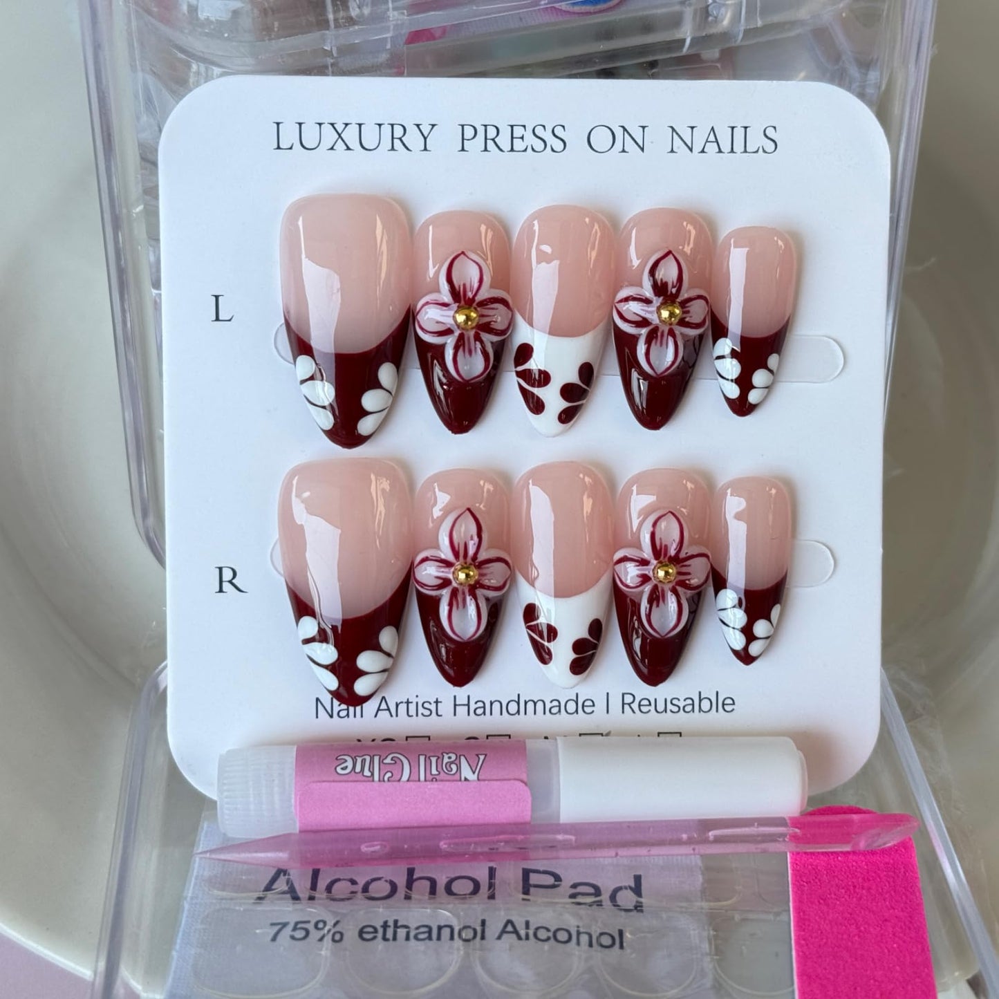 Haozerart Handmade Press On Nails, Medium Almond Luxury Burgundy Fake Nails, 3D Flower Glossy French Tip Reusable False Nails Kit for Women, (M Size, 10Pcs)