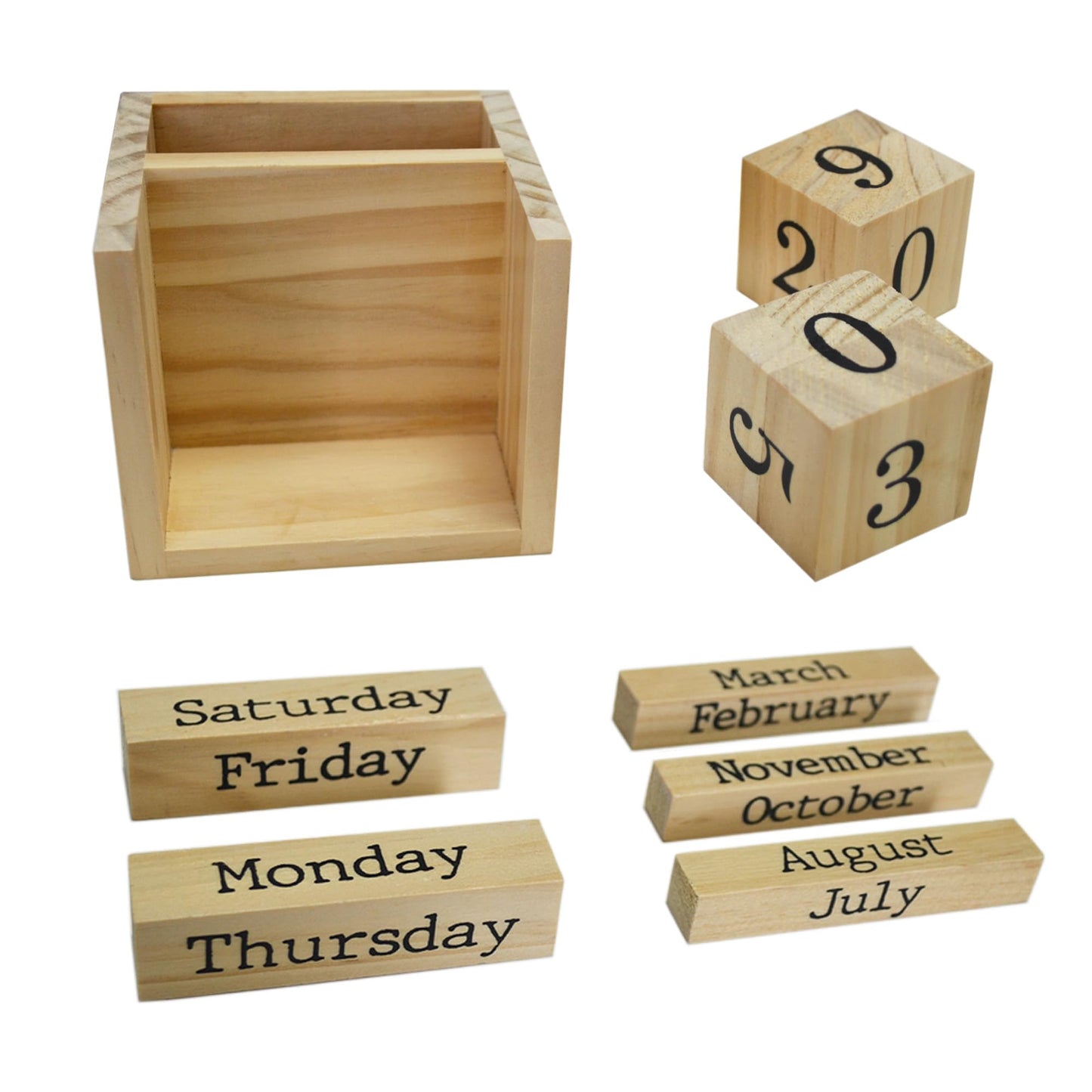 EXQUIDECA Wooden Blocks Perpetual Calendar with Pen Holder - Natural Pine Wood Home Office Desk Organizer -Reusable Date Week Month Accessories Tabletop Ornament