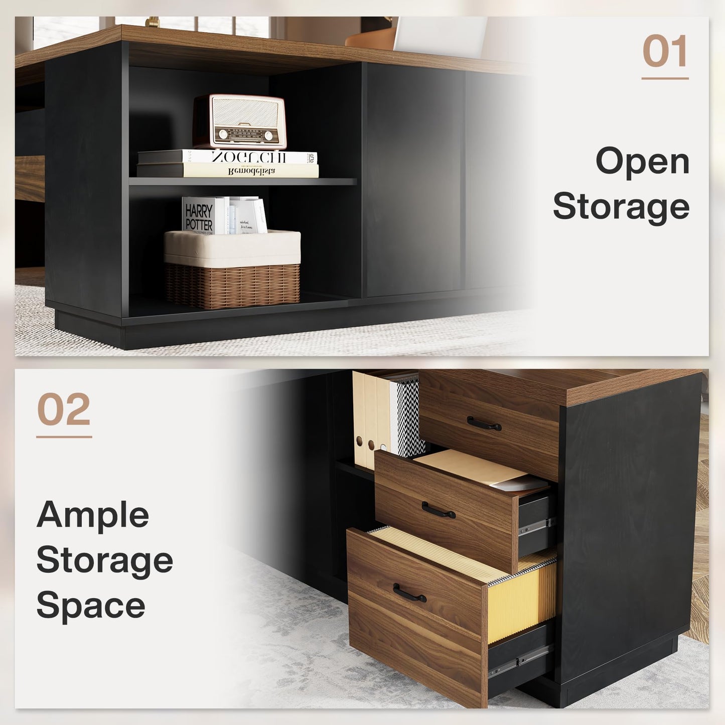 Tribesigns 78" L-Shaped Executive Desk, Large Modern Office Desk with Drawers and File Cabinet, Business Furniture with Storage Shelves, Big Computer Desk for Home Office (Light Walnut + Black)