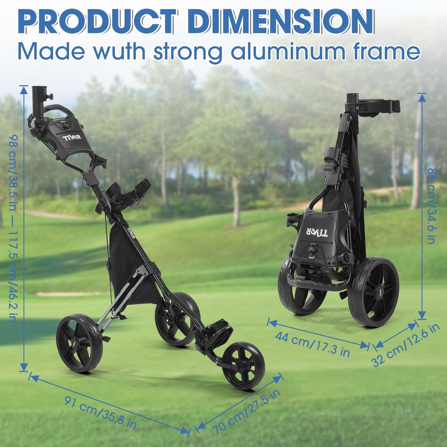 3 Wheel Golf Push Cart,Lightweight Golf Pull Cart with Quad-Fold Frame,and Cleaning Kit Golf,Cooler Bag,Cup/Phone/Umbrella Holder Compact Golf cart-blue