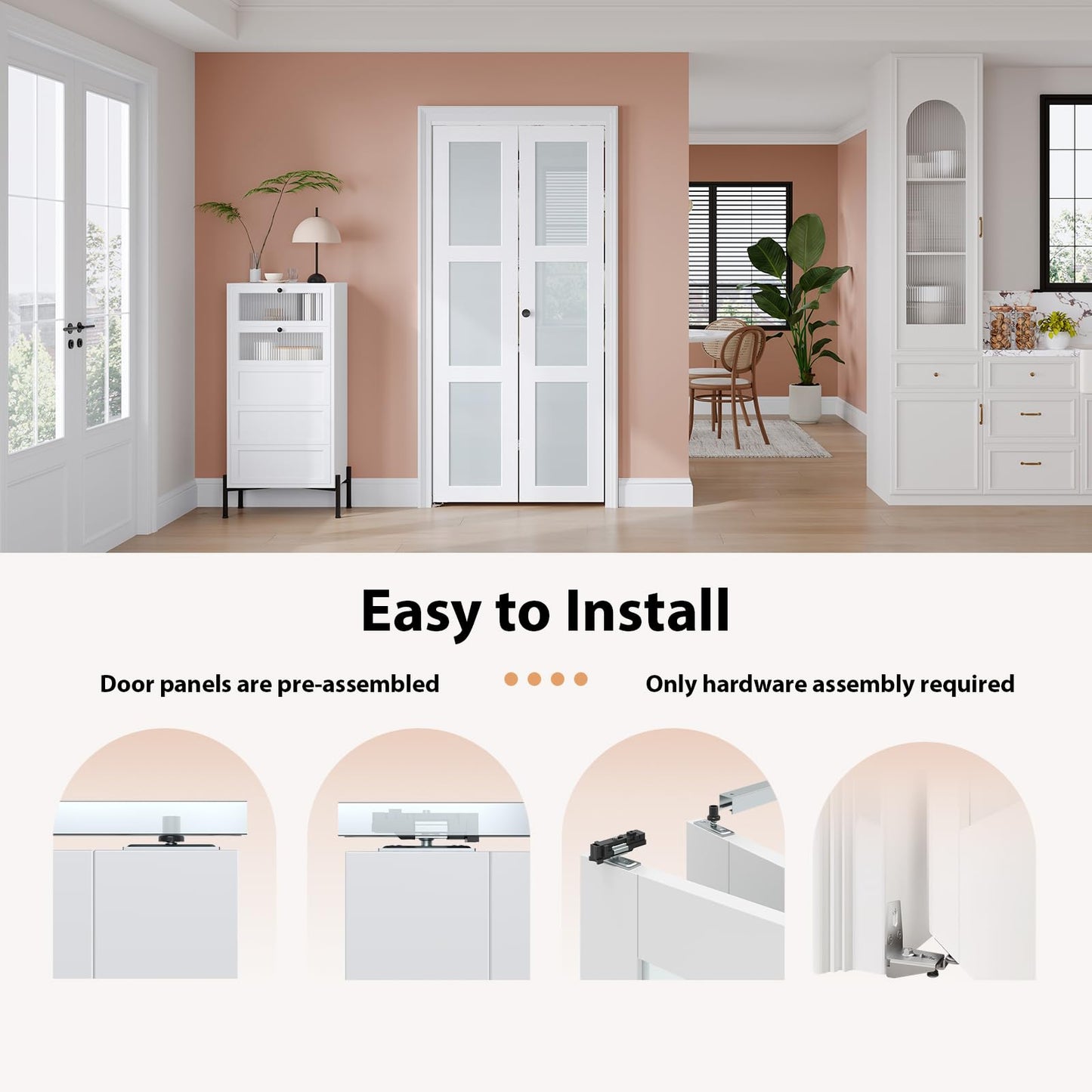 EaseLife Preassembled Bi-Fold Doors, for 32"x 80" Opening,Tempered Frosted Glass Closet Folding Barn Door with Concealed Hardware Kit,MDF Wood Panel,Water-Proof PVC Surface,Easy Installation