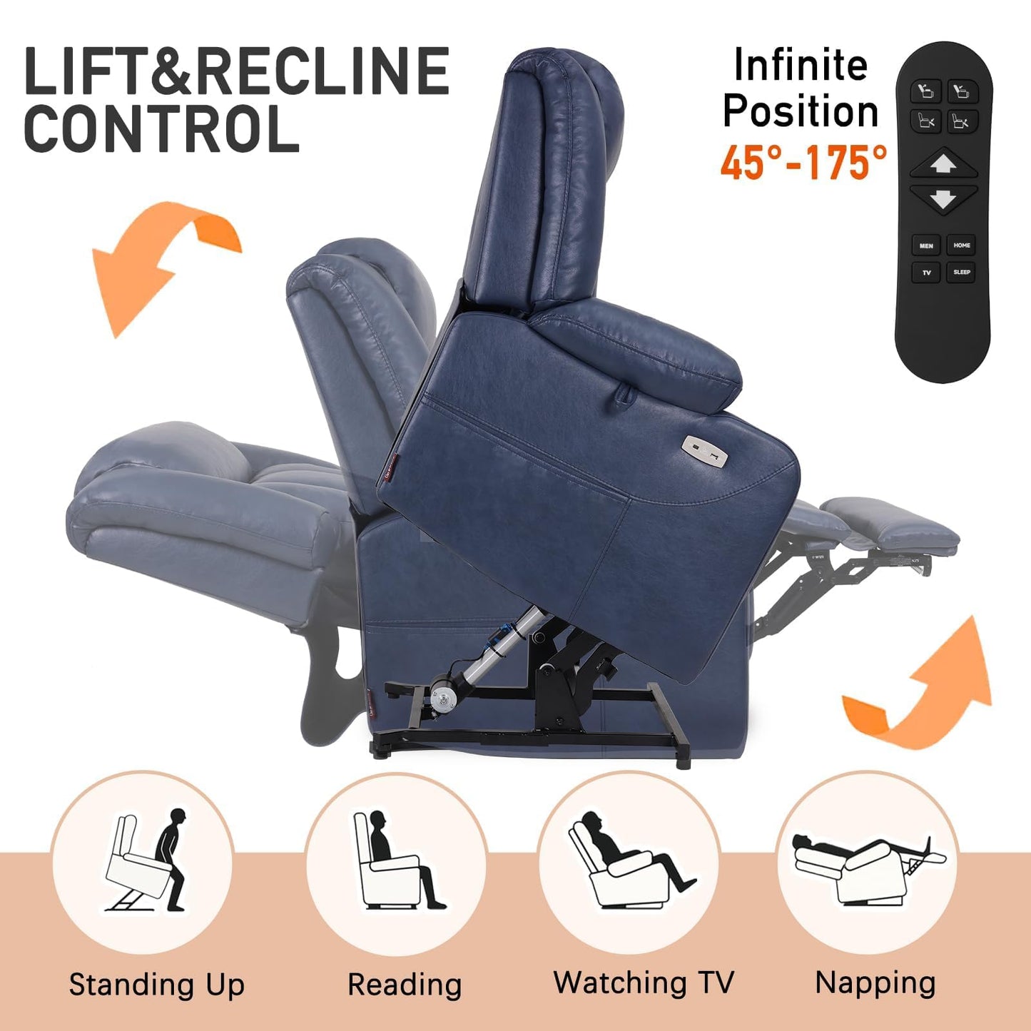 EONIX Dual Motor Oversized Power Lift Recliner Chair for Elderly, 400lbs Heavy Duty Faux Leather Recliner with Massage and Heat, Big and Tall Lay Flat Lift Chair with Cup Holders, SLRY006, Navy Blue