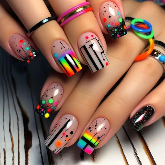 Rainbow Polka Dot Press on Nails Medium Square Fake Nails with Lines Dots Design Colorful Acrylic False Nail Glossy Full Cover Stick on Nail Reusable Artificial Summer Nails for Women 24Pcs