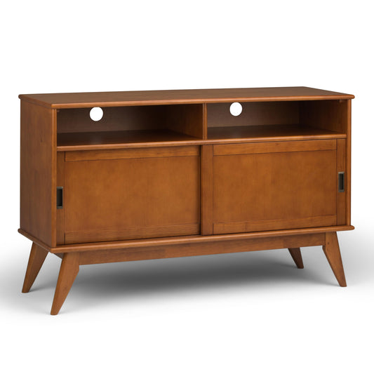 SIMPLIHOME Draper TV Stand - 54 inch Wide Solid Wood Tall Media Console in Teak Brown, Mid Century Modern Entertainment Center for Living Room for TVs up to 60 Inches with Shelves and Cable Management