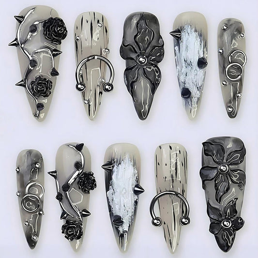 24Pcs Black Handmade Press on Nails Long Stiletto Gothic Fake Nails with 3D Black Rose Metal Piercing Rivets Design Punk Acrylic Nails Y2k Almond False Nails Goth Flower Glue on Nails for Women
