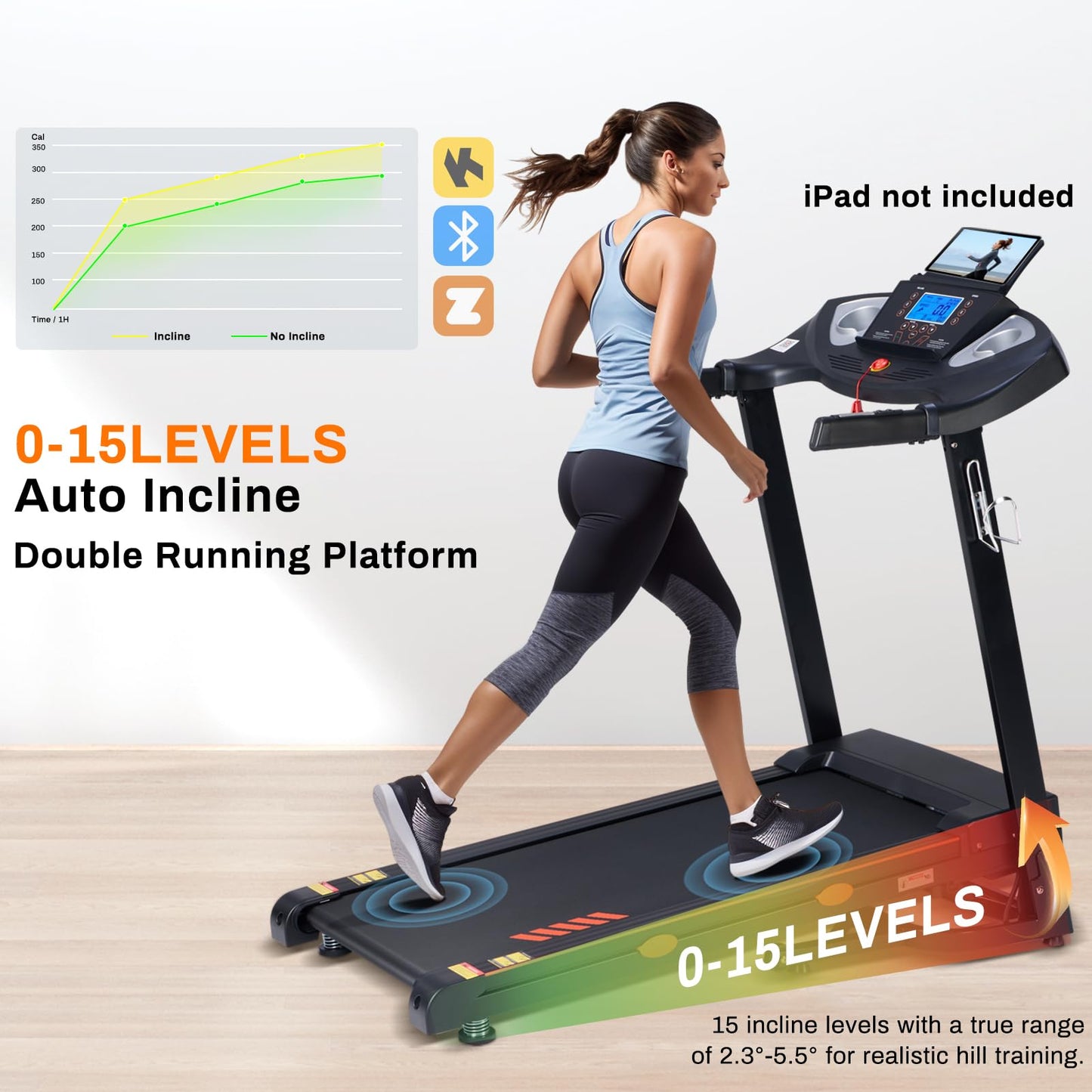 Treadmill for Home with 15-Level Auto Incline, 0.5-10 MPH, 18" Wide Running Belt, 3.0 HP, 300 LB Capacity, Shock-Absorbing Foldable Incline Treadmill with Bluetooth App
