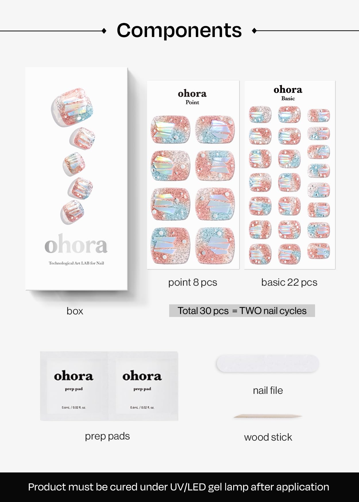 ohora Semi Cured Gel Nail Strips (P Newtro No.1) - Works with UV/LED Lamps, Salon-Quality, Long Lasting, Easy to Apply & Remove - Includes 2 Prep Pads, Nail File & Wooden Stick