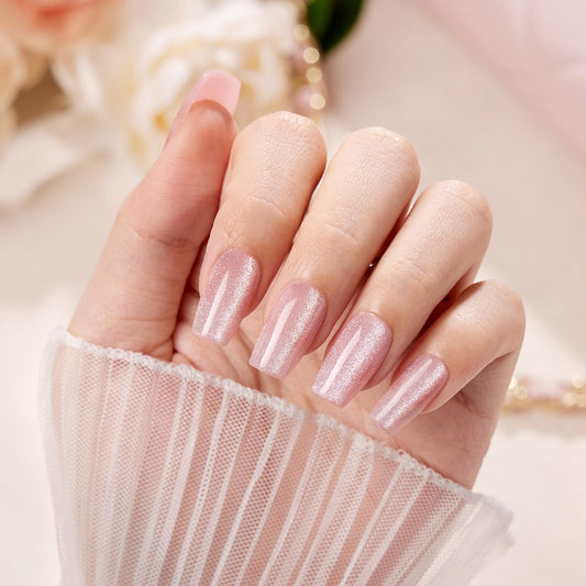 VSALON Short Coffin Press On Nails - Cat Eye Crystal Pink Glitter Fake Nails, Spring Summer Shimmer Reusable Opaque Fake Nails with Cuticle Oil - 32 PCS Stick On Nails in 16 Sizes