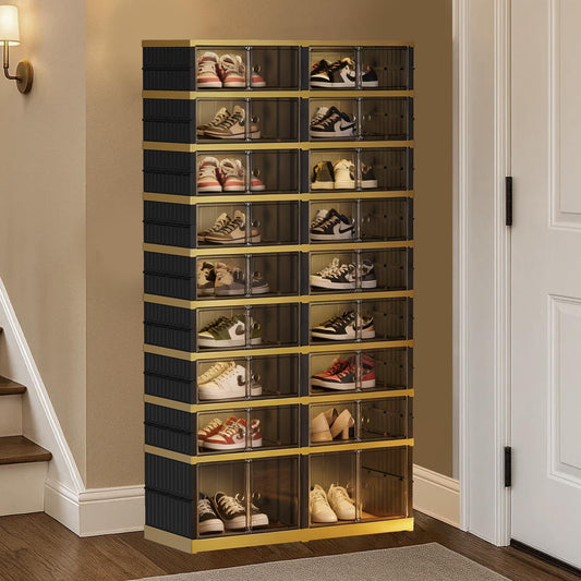SYNCVIBE Shoe Rack Organizer for Closet Entryway Foldable Sneaker Storage Shoe, Collapsible Shoe Cabinet, Stackable Shoe Storage Cabinet with Lids for Living Room (9 Tiers -36 Pairs Black Gold)