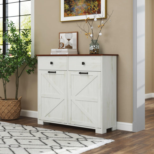 WEALTHGIRL Farmhouse Double Tilt-Out Trash Cabinet for 20-Gallon Trash Cans,Recycling Cabinet with Hidden Drawer, Barn Door Style Laundry Sorter Cabinet,for Kitchen, Bathroom, and Living Room