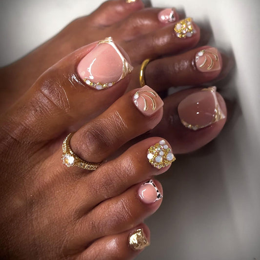 RUOKEXIN Short Press on Toenails French Tip Fake Toenails with Gold Rhinestones Designs Square Toe Nail Press ons Sparkly Artificial Nails for Women 24Pcs