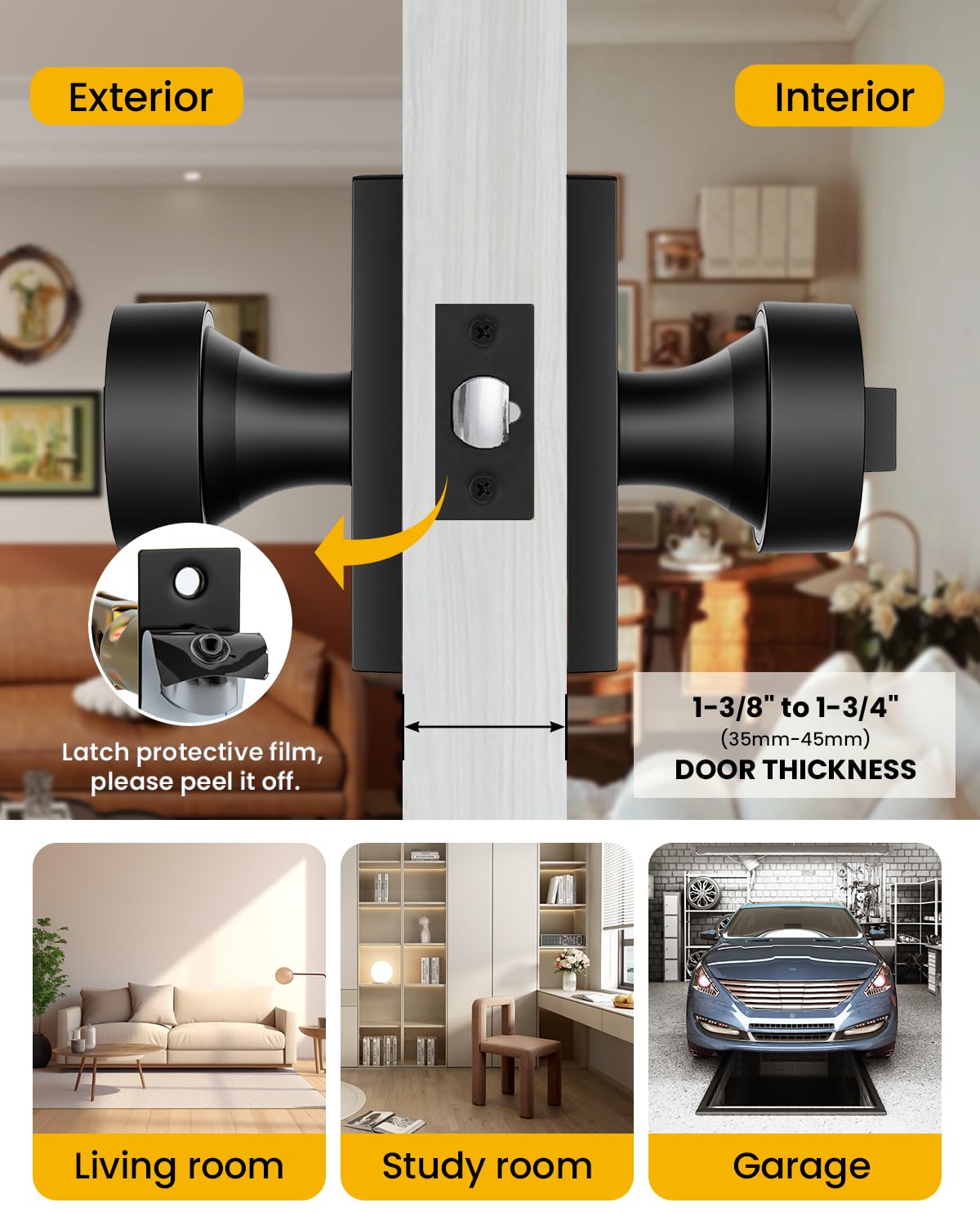 Goldenwarm Matte Black Entry Door Knob, Keyed-Alike Exterior Door Knobs with Lock and Key, Security for Exterior and Front Door Handles 1 Pack