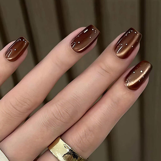 Brown Press on Nails Short Square Fake Nails Glossy Cat Eye False Nails with Shiny Solid Color Acrylic Nails Chrome Glue on Nail for Women Manicure Decoration 24Pcs
