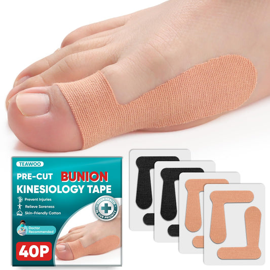 TEAWOO 40 Count Bunion Kinesiology Tape, Pre-Cut Waterproof Bunion Tape for Bunion Pain Relief, Breathable Hypoallergenic Latex-Free Tape for Toe & Foot Support, Black & Beige