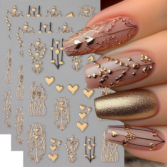 Golden Heart Nail Art Stickers Valentine’s Day Heart Nail Stickers for Nail Art 3PCS 3D Metallic Love Hearts Tree Stripe Design Self-Adhesive Nail Decals for Women DIY Manicure Nail Decorations Supply