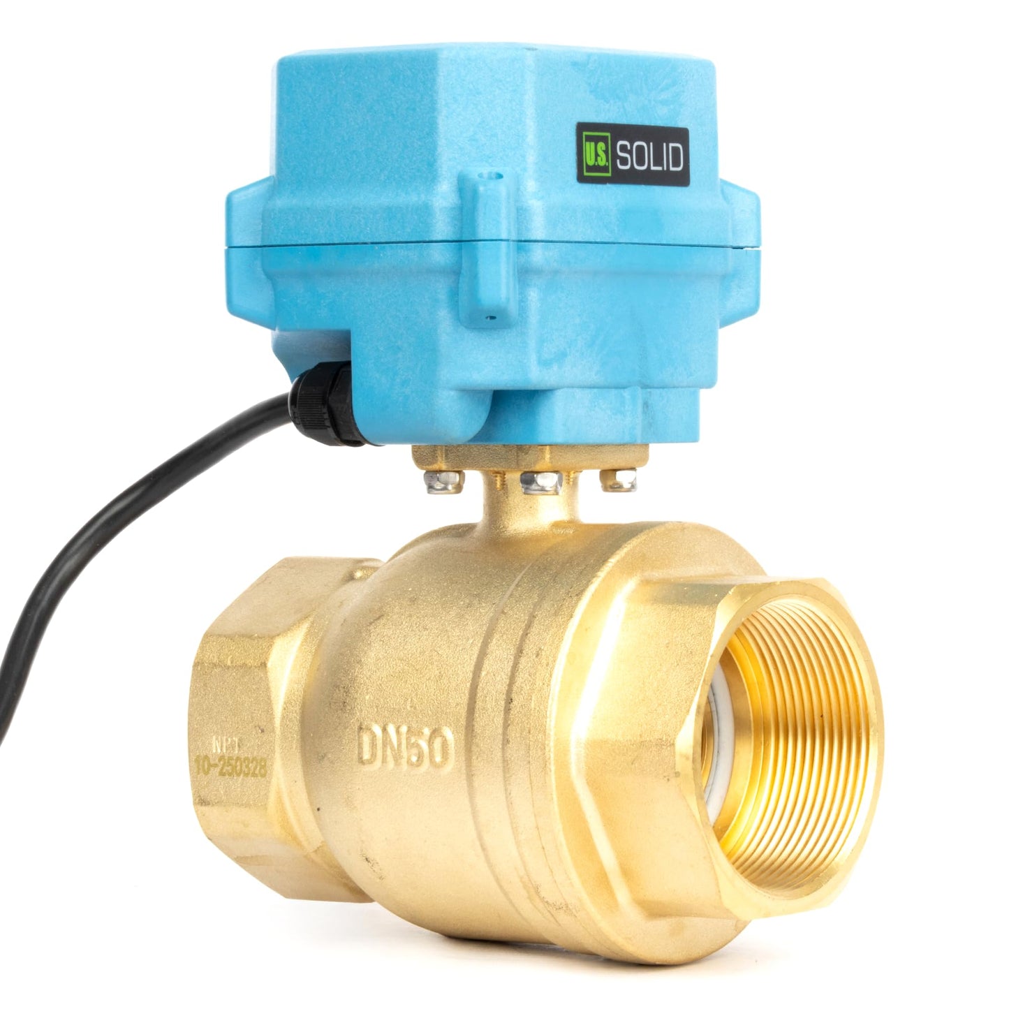 U.S. Solid 2" Motorized Ball Valve with US Plug 110VAC Brass Electrical Ball Valve, IP67, Manual Override, Direction Display Auto Return, Normally Closed, IP67