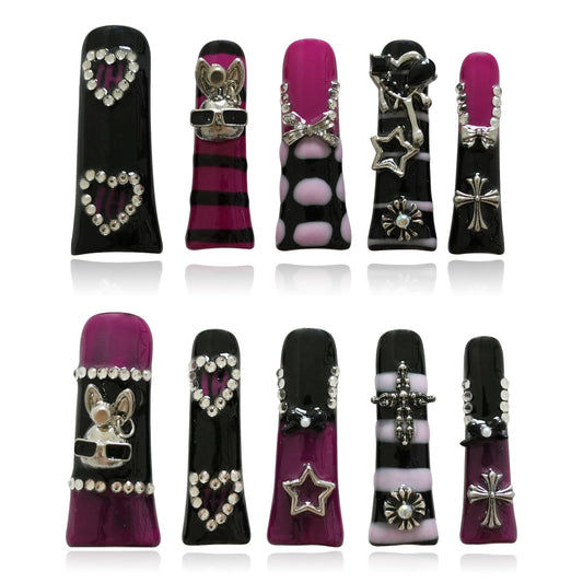 Tesytto Metallic Gothic Press on Nails - Duck Nail Tips False Nails Black Purple Hot Pink with 3D Metal Cross, Star, Heart, Bow & Rabbit Charms, Extra Long Nails for Parties (Dark Romance, M)