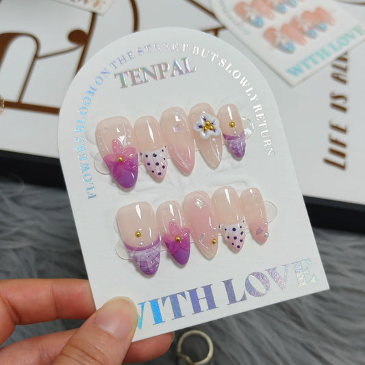 TENPAL Handmade Soft Lilac French Tips Press on Nails Medium Almond with 3D Glitter Floral & Pearl, Handmade & Reusable, Sheer Flattering False Nails for Everyday Summer Wear 10PCS(M)