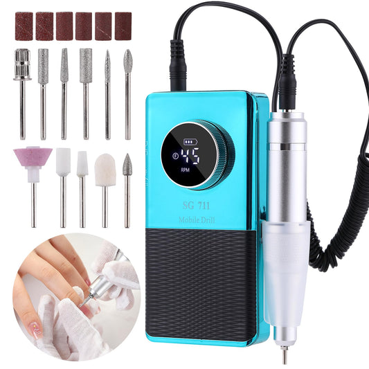 Electric 45000RPM Nail Drill Machine Rechargeable Portable Nail File Electric DIY Nail Drill Kit with Smart LCD Screen for Gel Nail Manicure and Pedicure Reflective Body etc (Blue)