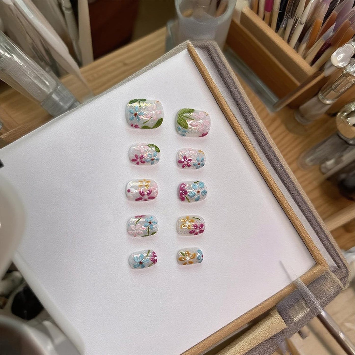 Handmade Press on Nails Short Square Fake Nails Press Ons Luxury Cute Flower Full Cover Stick on Nails Glitter Glue Nails for Women Girls Manicure (Oil Painting M)