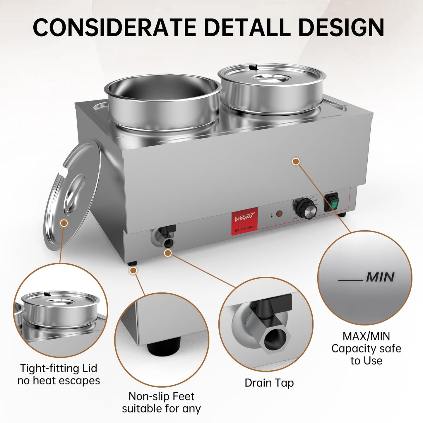 Valgus Commercial Stainless Steel Bain Marie Food Warmer 2 Round Pots Electric Soup Warmer with Lid and Tap for Home, Catering, Buffet