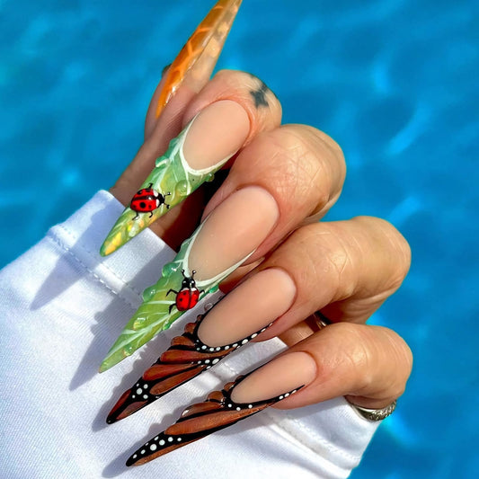 MISUD Press on Nails - Long Stiletto Fake Nails with Matte Orange Green French Tip, Acrylic Butterfly Ladybug Design 24 pcs