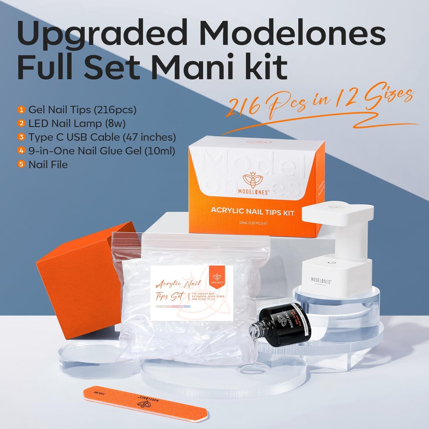 modelones X Nail Gel Kit Medium Almond, 9-in-One Nail Glue with Mini UV Light 216Pcs 12Sizes Pre-Etched Press ons Fake Acrylic Extension Kit DIY Salon Gift