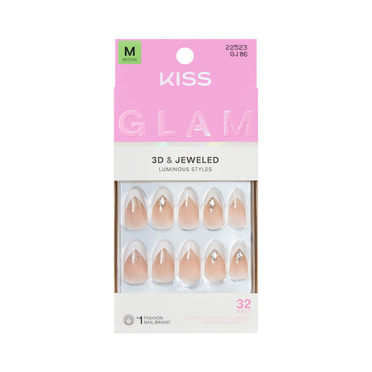 Kiss Glam, Press On Nails, Nail glue included, 'Applause', White, Medium Size, Almond Shape, Includes 32 Nails, 2g Glue, 1 Manicure Stick, 1 Mini File
