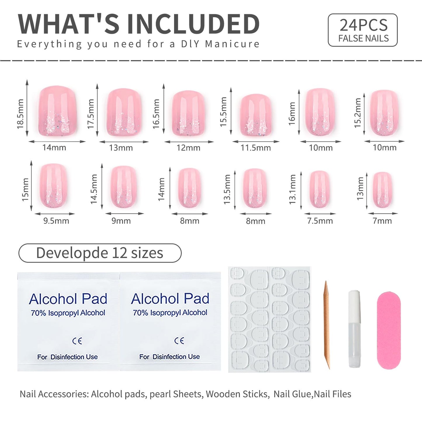Mivota Square Press On Nails Short – Nude Pink Glitter Acrylic Fake Nails, 24PCS Glossy Thick False Nails Kit, Durable Reusable Stick On Nails with Glue & Tools for Women, DIY Salon Manicure