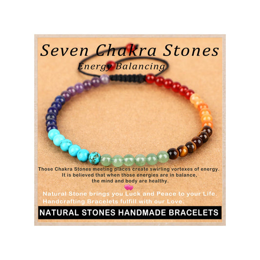 AD Beads 4mm Seven Chakra - Energy Balancing - Handmade Natural Stone Crystal Bracelet with Adjustable Macrame String - Yoga Healing Power Energy Gifts for Men and Women