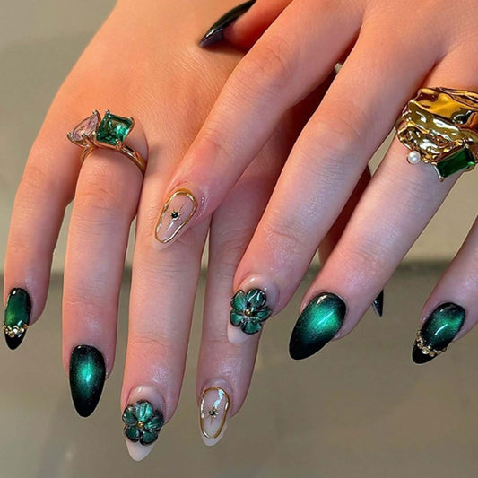 Hkanlre Green Press on Nails Medium Tips Full Cover Cat Eyes False Nails Fake Flower Nails Almond for Women 24PCS