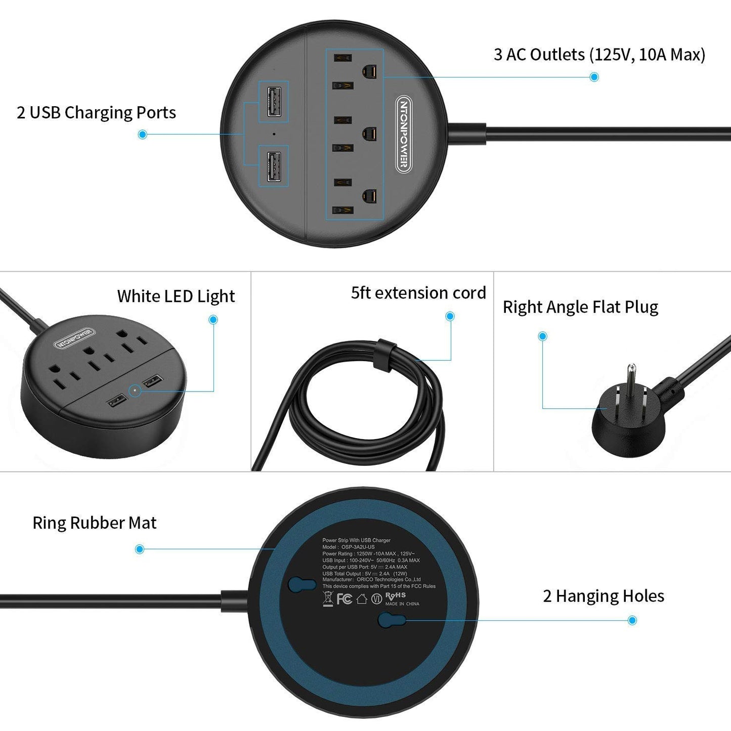 NTONPOWER Desktop Power Strip and Tower Power Strip with USB Bundle, Black Extension Cord for Home, Office, Dorm Essential