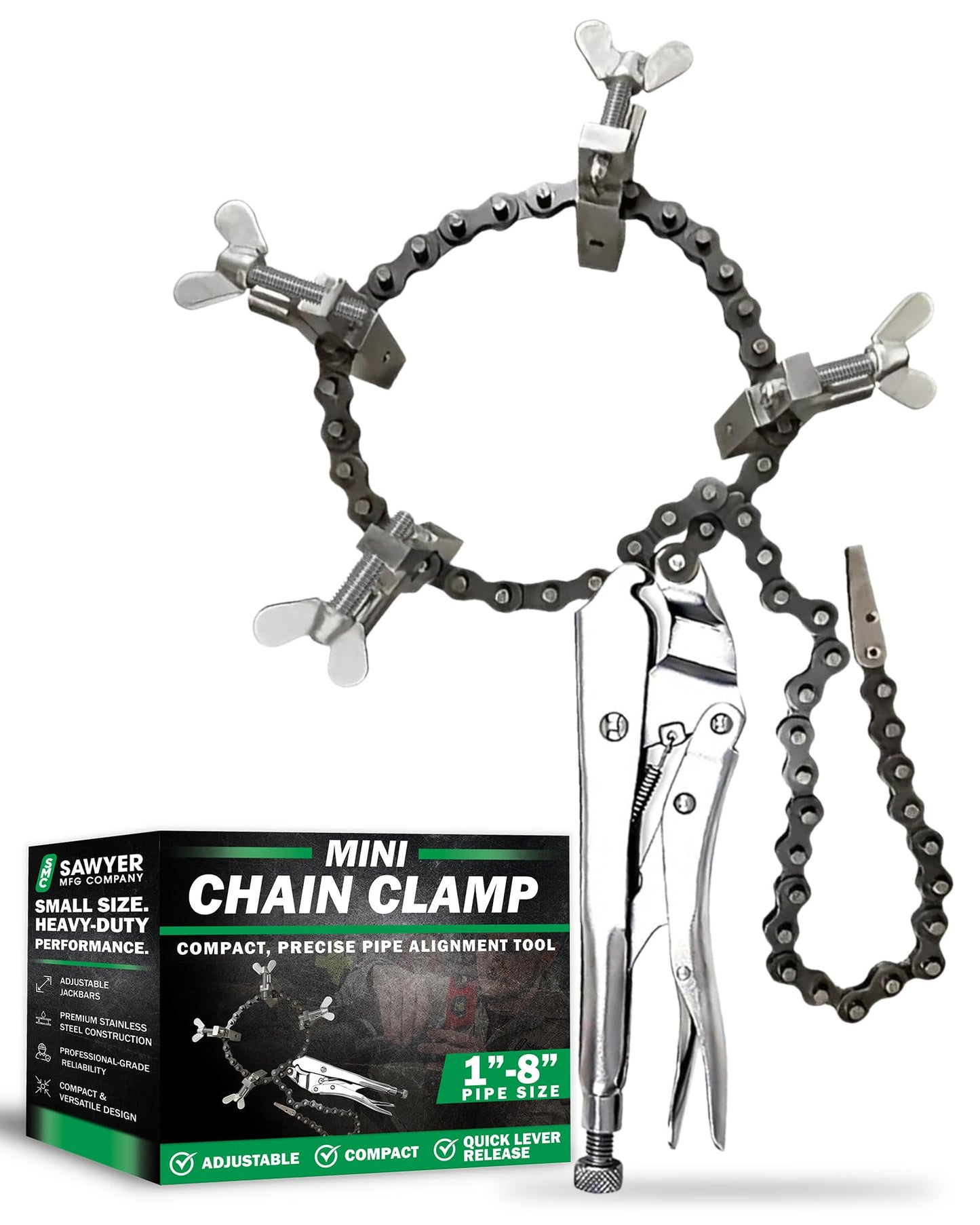 Sawyer - Mini Chain Clamp - Heavy Duty Pipe Vise for Welding, Repair, Stainless Steel Tools, Quick Lock Connector, Rigid, Bench Accessories, Grip, Wrench, Threader, Fitter, Links - 1”-8” Diameter