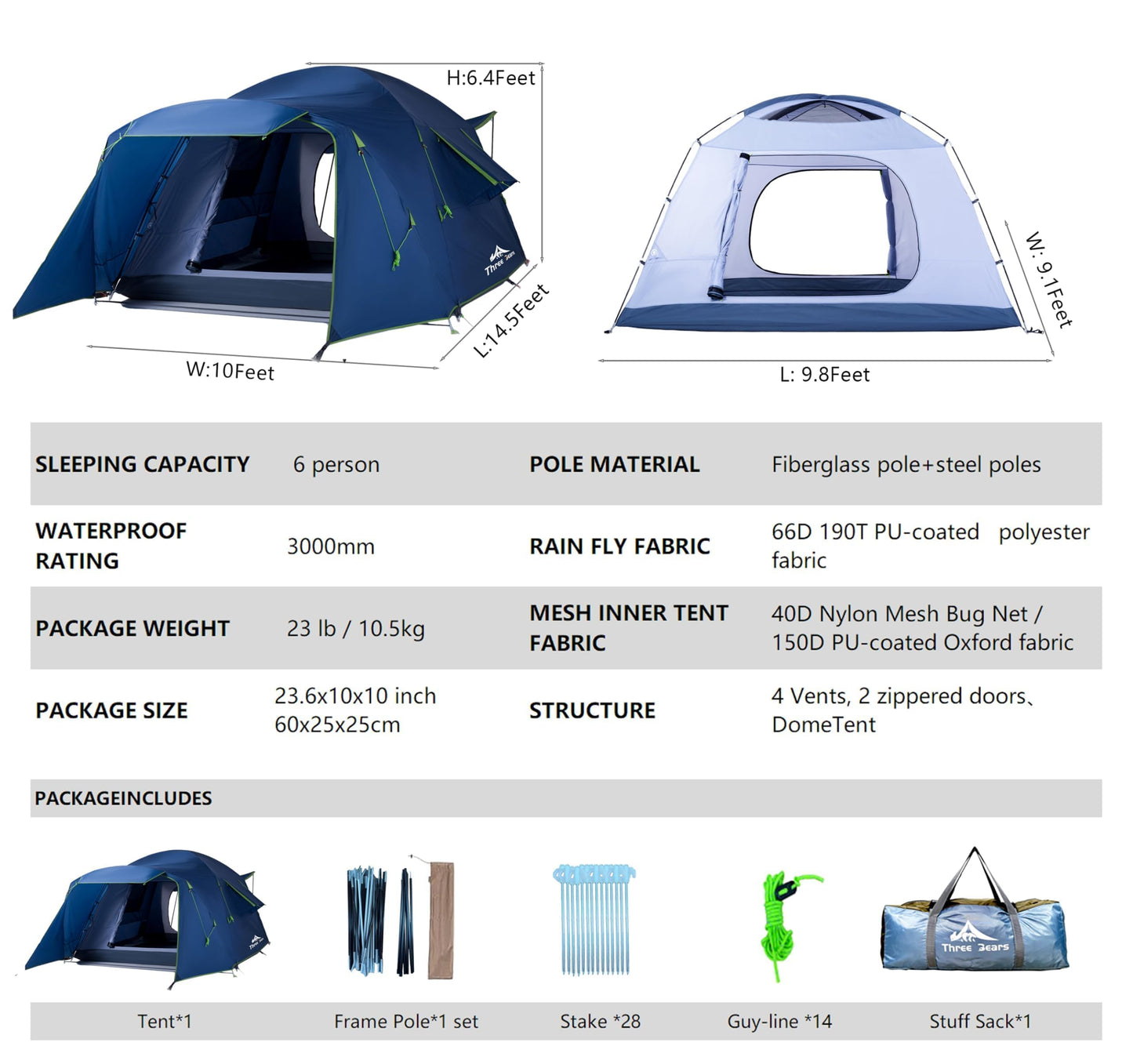 Three Bears Outdoor 6 Person Camping Tent - Waterproof Windproof Double Layer Design - Family and Car Camping - with Carry Bag and Storage Pouch - 76 Inches High (Dark Blue)