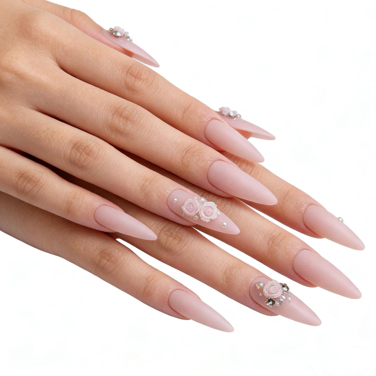 24PCS Long Stiletto Press On Nails-Matte Nude Pink Fake Nails with 3D Resin Rose Flower & Pwarl Acctents, Reusable Artifical Nail Tips for Women,Perfect for Wedding,Prom&Romantic Occasions