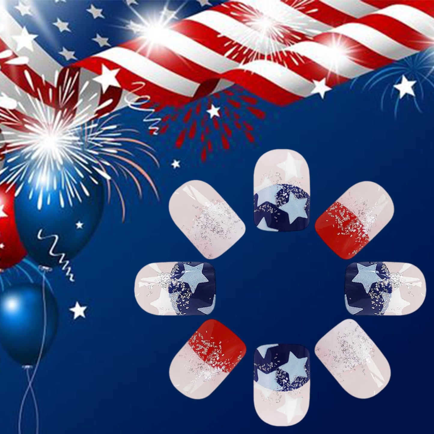 4th of July Blue Press on Nails Short Square Independence Day Fake Nails blue white stars Glitter Nails Design Full Cover Stick on Nails Patriotic Artificial Nails for Women DIY Manicure 24pcs