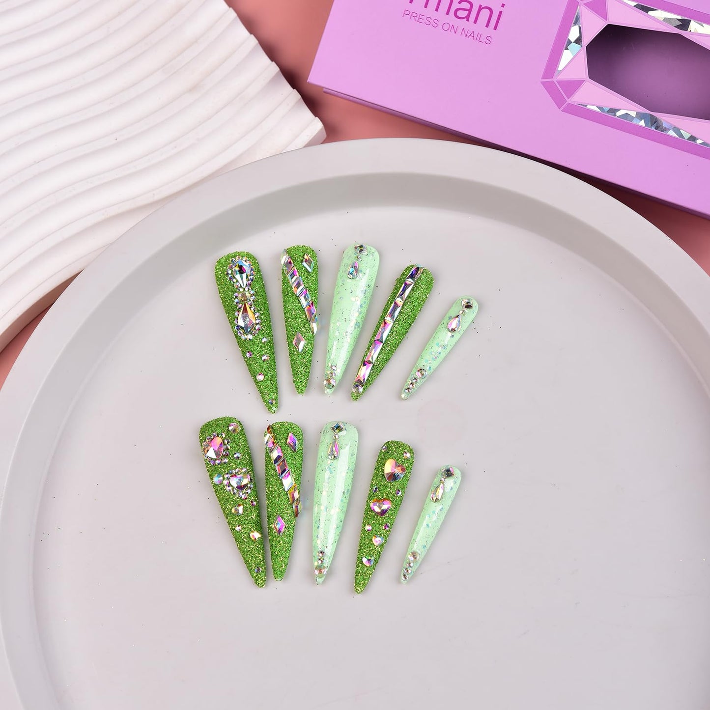 Tmani 10pc/set Extra Long Handmade Press On Nail Hot Girl's Long Ballet Nails Pointed Nail Full of Diamond Glitter Decoration Fake Nails Suitable For Girls Festival Parties and Birthday Gift（206,L)