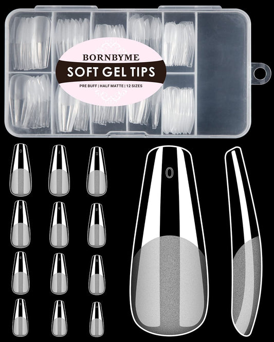 Soft Gel Nail Tips Long Coffin, 120PCS Pre Buff Full Cover Shaped Nail Extenison Tips Half Matte Gel X Nail Tips BORNBYME