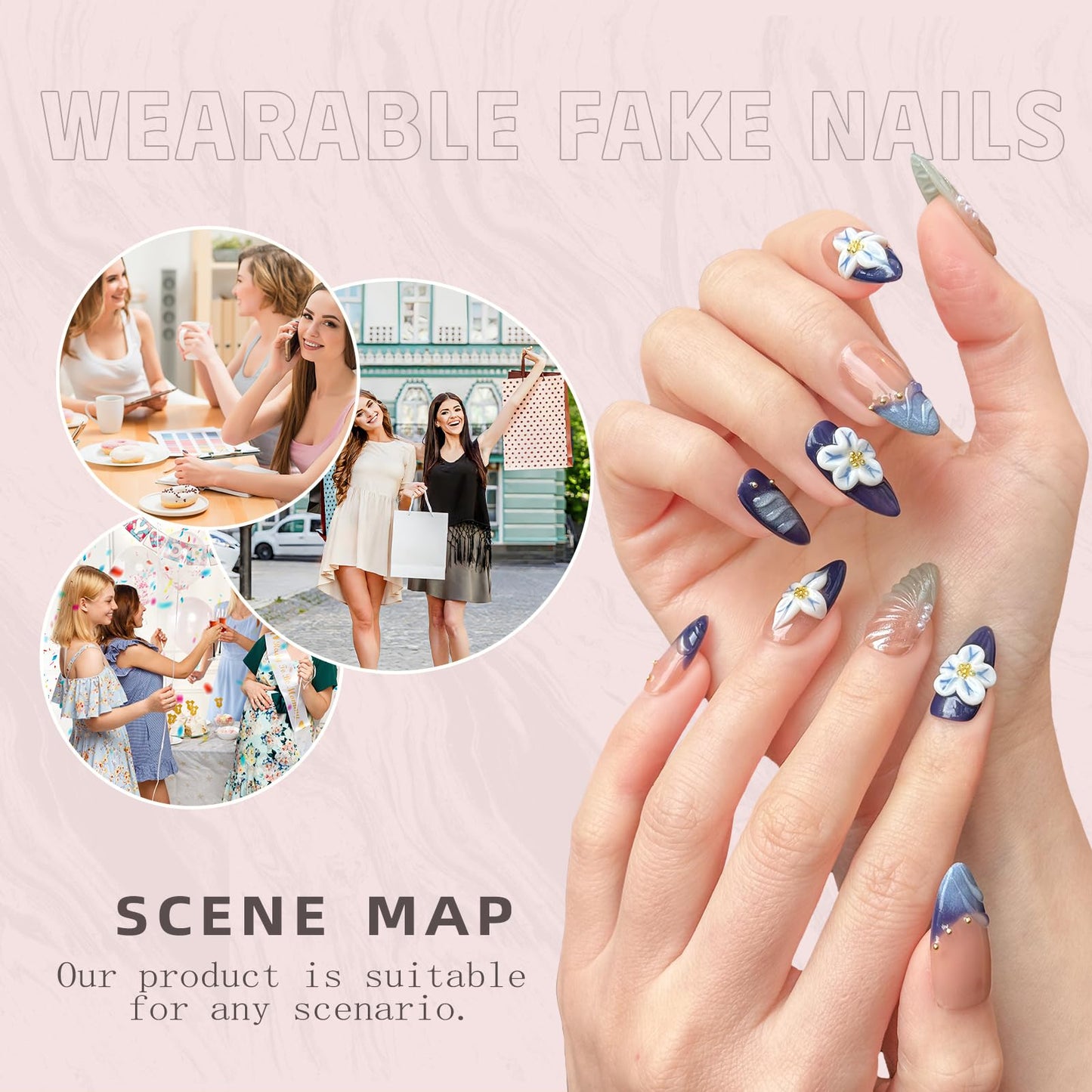 Handmade Press-On Nails – Medium Almond Thick Acrylic Gel Nails, Reusable 3D Flower False Nails, Gradient Blue French Tip Manicure – Salon-Quality DIY Nail Art(10PCS-S)