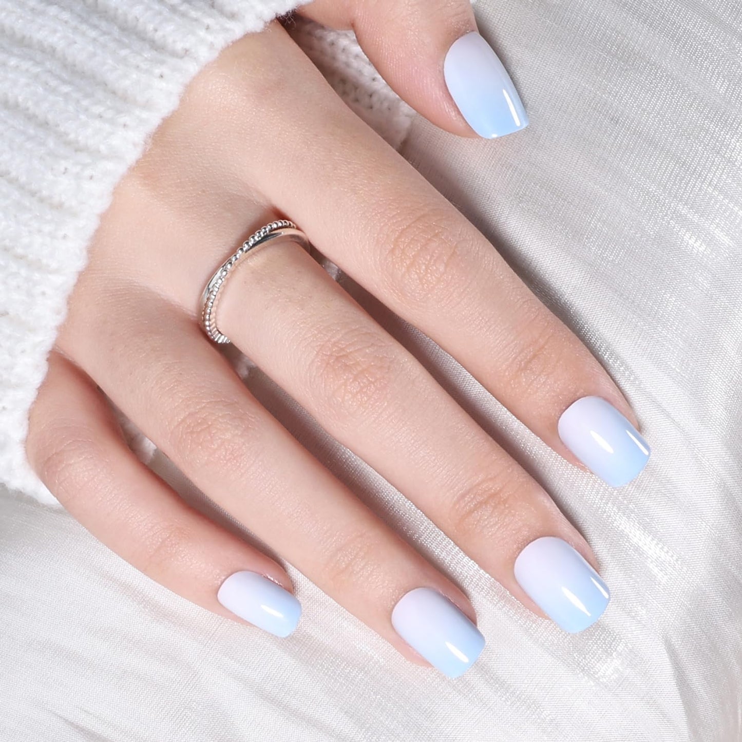 Ombre Press On Nails Square - Light Blue Short Square Fake Nails, Blue Press On Nails Reusable Stick On Nails in 15 Sizes, 30pcs False Nail Kit for Women & Girls (Blue Ombre)