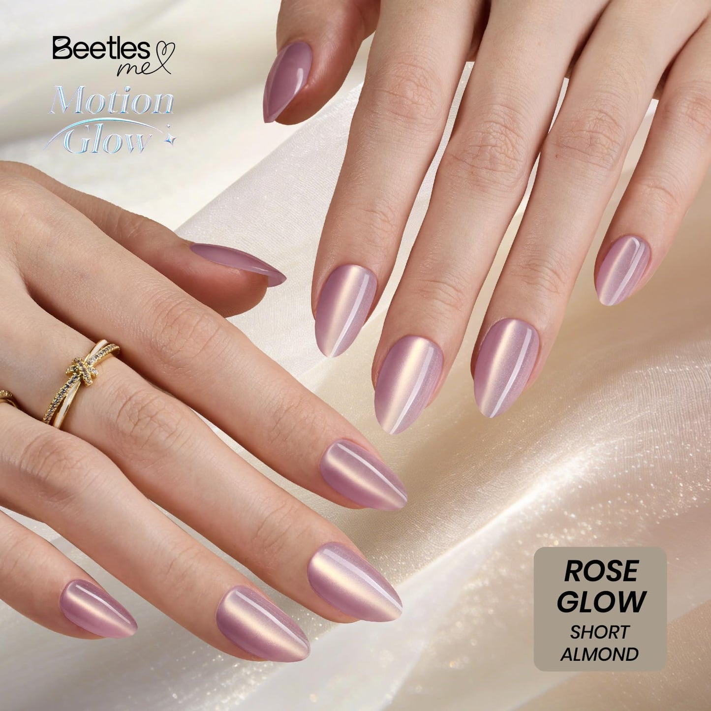 Beetles Motion Glow Nail Tips, 160PCS, 16 Sizes Short Almond Nail Tips, Cat Eye Magnet Full Cover Soft Nail Gel Fake Nails, Salon-Gel Look for DIY Manicure Rose Glow