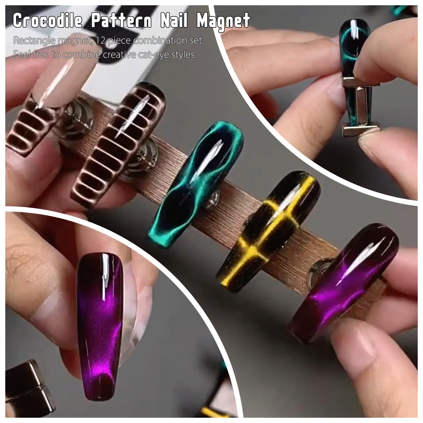 XEAOHESY 12 Pieces Cat Eye Magnet for Nails Rectangle Nail Magnet Square Nail Art Magnet with Crocodile Pattern Effect Powerful Manicure Magnetic Tool for Cat Eye Gel Nail Polish（0.39*0.19*0.12inch）